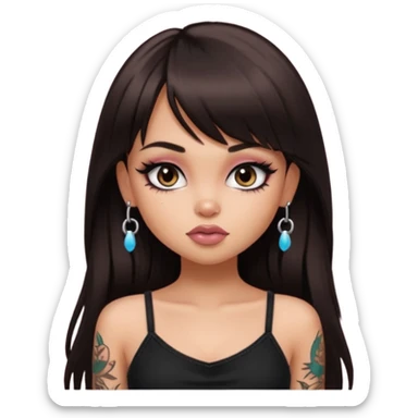 generate a pretty bratz girl in black cami top, dark brown straight long hair with bangs, eyeliner on, with tattoos sticker