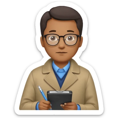 Middle-aged asian male vet – glasses, coat, writing notes on clipboard. sticker