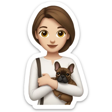 Woman with brown hair holding a French bulldog sticker