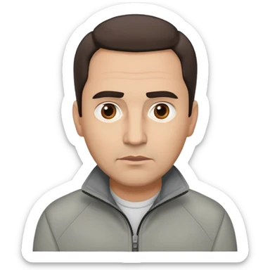 Hispanic actor in his 50s with light skin, round face, wide jaw. Lively brown eyes, thick eyebrows. Short brown hair with receding hairline. Neutral-serious expression. Wearing a casual gray jacket. sticker