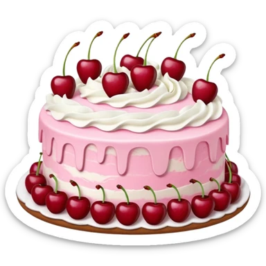 Round pink frosted cake with textured buttercream sides, placed on a plate cake board.
White whipped cream swirls on top, each topped with glossy red cherries with stems, clean studio lighting, isolated background, realistic minimal smooth emoji-style. sticker