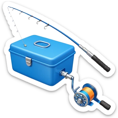 A fishing rod with reel and line neatly coiled beside a bait box. sticker