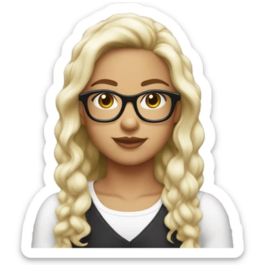 Chica de 20 años con largo cabello rizado, lentes y piel clara. camisa blanca y oberol negro sticker