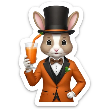 rabbit wearing suit, bowtie and top hat, holding glass of carrot juice sticker