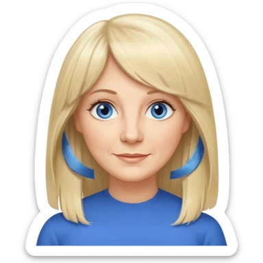 50 yr old white woman, curtain bangs, very long straight blond hair, oval face, small smile, blue eyes, thin face, hair down to elbows, round cheeks, pale sticker