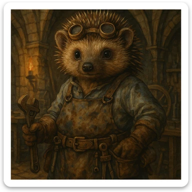 anthropomorphic hedgehog engineer, stained uniform, medieval workshop background, direct gaze, dungeons and dragons fantasy, detailed illustration, artstation quality sticker