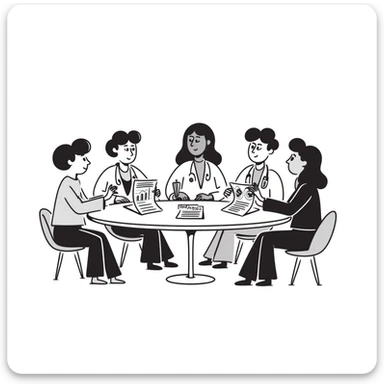 Hand-drawn meeting of emergency medical fund committee with doctors, nurses and financial documents sticker