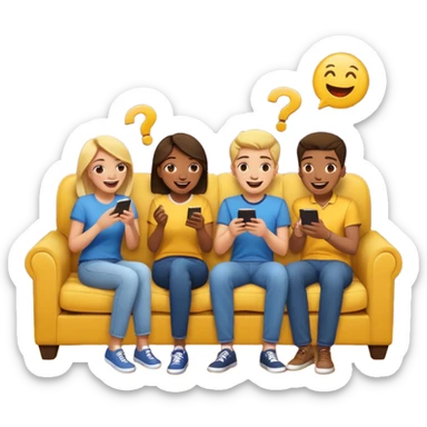 group of friends on couch playing a trivia game couch should be deep dark yellow color sticker