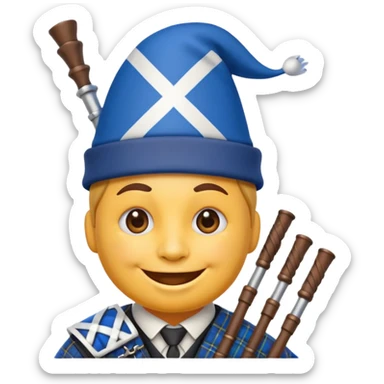 Create a smiling emoji based on "party face with party hat" emoji. Use a blue and white colors from the Scottish Saltire. Include bagpipes next to the emoji, incorporating tartan Blending scottish details blending into the design. sticker
