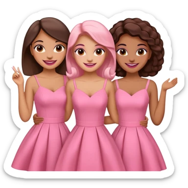 3 besties with professional glammed up looks wearing pink, medium skin tone smiling big sticker