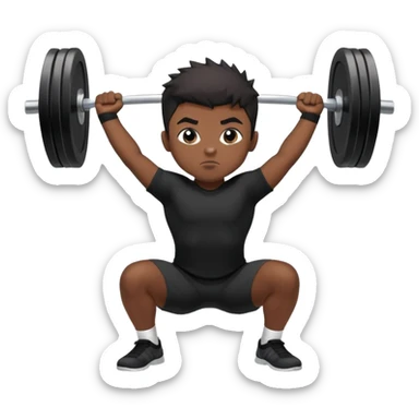 A boy with dark skin, black color front spike hair and wearing a black shirt is doing an overhead squat with a lot of weight on the barbell sticker