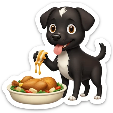 Can you create a black dog with a white stripe chasing it’s own tails and eating chicken sticker