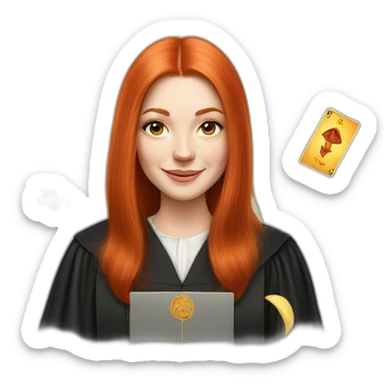 redhead white woman medium long straight hair, celebrating graduation with tarot cards sticker
