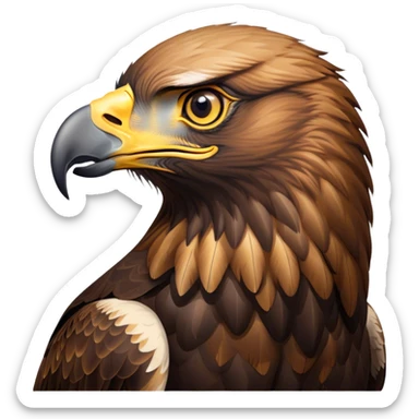 Cinematic Noble Golden Eagle Portrait Emoji, Poised and majestic, with a powerful, broad build, regal hooked beak, and piercing, intense eyes set against richly golden-brown plumage, Simplified yet sharp and sophisticated features, highly detailed, glowing with a soft, amber radiance, high shine, intelligent and commanding, stylized with an air of aerial supremacy, focused and determined, soft glowing outline, capturing the essence of a watchful and confident golden eagle that appears ready to soar out of the screen with effortless authority! sticker