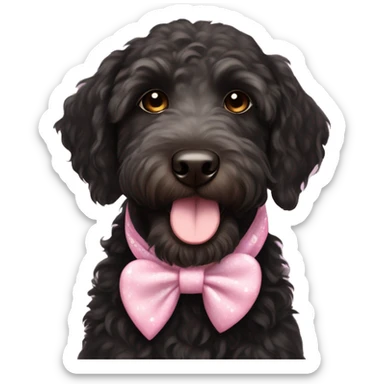Black labradoodle female dog brown eyes with pink bows and white bandana with hearts sticker