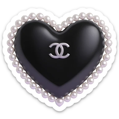 glossy black heart with a string of pearls around it, featuring a silver Chanel logo in the center, elegant, black and white color scheme sticker