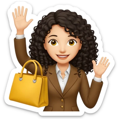 medium deep tan brown business woman with long black curly hair, waving hand with happy face with smile mouth and carrying yellow bag on her shoulder sticker