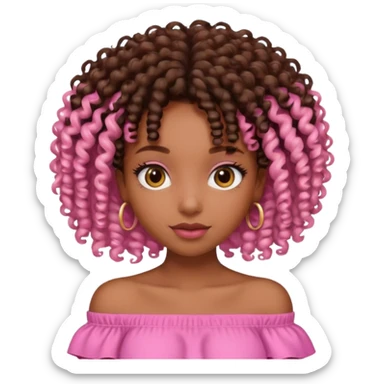 A brown skin girl with a curly 4C hair and she has a pink off shoulder top, sticker