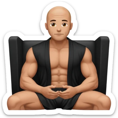 fullbody jacked bald guy, sleeveless and unbuttoned in full black robe sitting sticker