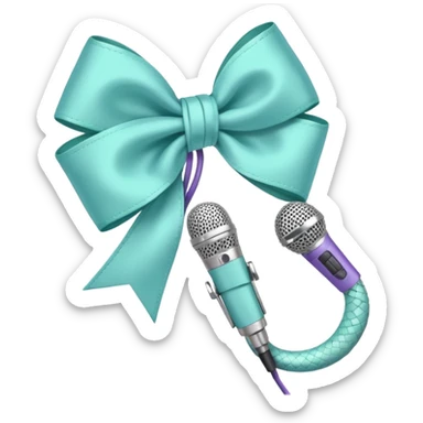 A pastel blue bow with a pastel a pastel green snake at the top of one side and a pastel purple microphone on the bottom of the other side of the bow sticker