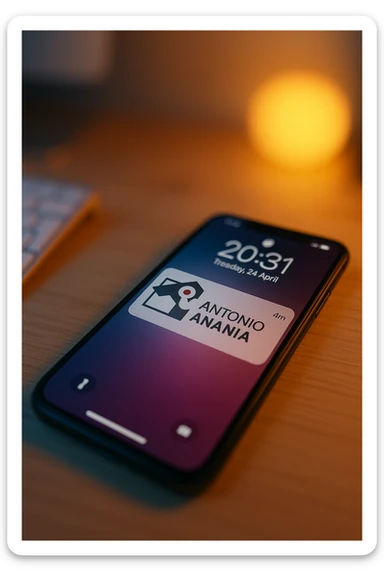 A photo of an iPhone with the message "Antonio Anania" on its screen, The phone sits atop a desk with a blurred background that suggests work environment. A faint glow from above casts gentle shadows across the surface of each object, creating depth and highlighting their textures. sticker
