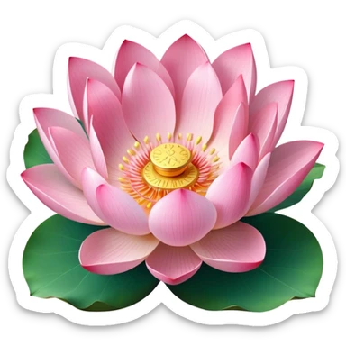 Accurate lotus flower with pink petals and botanically correct lotus leaf - round with distinctive notch, raised edges and radial veins sticker