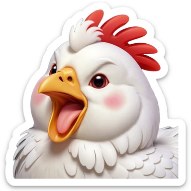 Cinematic Cute Yawning White Chicken Portrait Emoji, Head tilted slightly with a dramatic, wide-open yawn, showcasing a soft, fluffy white plumage with a crisp red comb and drooping wings, round beady eyes barely open in drowsy contentment, Simplified yet irresistibly adorable features, highly detailed, glowing with a soft, cozy glow, high shine, relaxed yet expressive, stylized with a touch of whimsy, bright and endearing, soft glowing outline, capturing the essence of a sleepy yet affectionate chicken, so drowsy it feels like it could stretch out of the screen and curl up for a nap! sticker