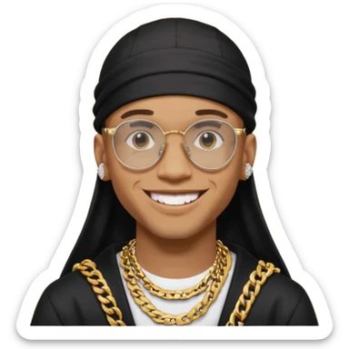 lightskin man with a black durag,a cuban link chain,glasses, and smiley diamond grillz sticker