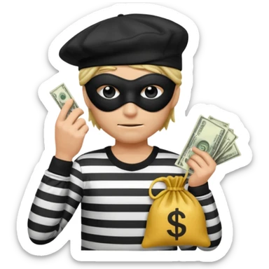 a short ios emoji-style portrait of a classic burglar, a black eye mask (looks like a blindfold) and a black-and-white striped shirt. emoji-like hair, black hat, ONE bag of money 💰 with a dollar sign in a right corner sticker