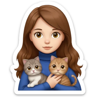 girl with long brown hair in a turtleneck holding a Scottish Fold cat, emoji style sticker