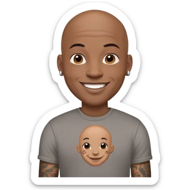 bald black man with full face tattoos, smiling, wearing a t-shirt sticker