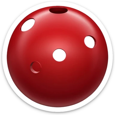 red bowling ball with 3 finger holes in. a triangle sticker