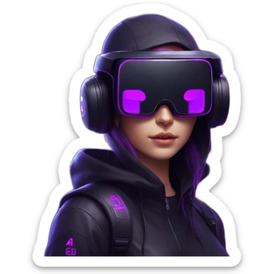 Russian student in the black hoody with violet letters "OMG VR" on it wearing vr headset. Cyberpunk style. Violet neon. sticker