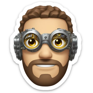 male cyborg head with brown short hair, brown beard, silver steampunk goggles and circuits sticker