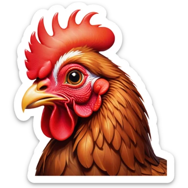 Cinematic Cute Brown Rooster Portrait Emoji, Head tilted playfully and inquisitively, featuring a glossy, immaculate brown plumage with a vibrant red comb, round, sparkling warm eyes filled with curiosity, Simplified yet irresistibly adorable features, highly detailed, glowing with a warm, friendly glow, high shine, affectionate and spirited, stylized with a touch of farmyard whimsy, bright and endearing, soft glowing outline, capturing the essence of a mischievous yet loving rooster, so playful it feels like it could strut out of the screen and into your arms! sticker