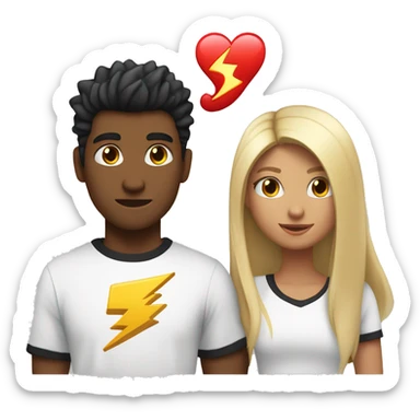 An emoji of a young girl with long blonde hair standing next to her boyfriend, who has black hair styled with the front spiked up. A heart symbol is between them, and the boy's T-shirt features a lightning bolt. sticker