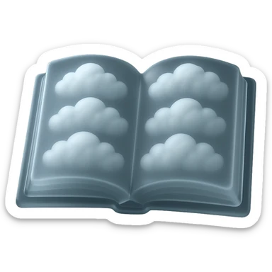 top view of a thick open book made entirely of small, very bright white fluffy convex clouds, matte glass style, no background sticker