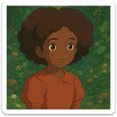 una niña morena de piel con ojos marrones y pelo afro, estilo ghibli sticker