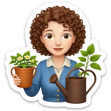 Older female florist – curly hair, hold garden watering pot sticker