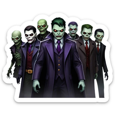 Icon for Thriller Movies: A large, dramatic collage featuring sinister villains and zombies in dark clothing. The background shows the gloomy cityscape of Gotham with dim lighting and eerie shadows. The atmosphere should be tense, mysterious, and suspenseful. Transparent background. sticker