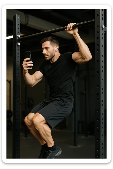 uomo che fa Muscle up e si sta filmando di lato con il telefonino che lo riprende mentre si allena, così da analizzarsi dopo sticker