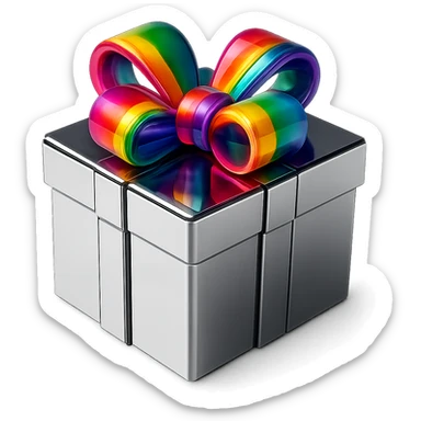 Make the bow on the abstract chrome box colorful while keeping the box radiant and harmonious, no background. sticker