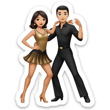 Photorealistic dancesport professional latin couple dancing the cha cha cha at the competition dancefloor, the women is in skinny short sparkly dress, the man is in black shirt and black classic pants, the women has brown long hair, the man has short black hair  sticker