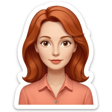 Middle-aged woman with elongated face, gentle structure, prominent cheekbones, warm expression, medium almond dark eyes, softly arched eyebrows, straight slender nose, friendly defined lips, reddish wavy hair with volume, wearing a coral-colored artistic-cut comfortable shirt sticker