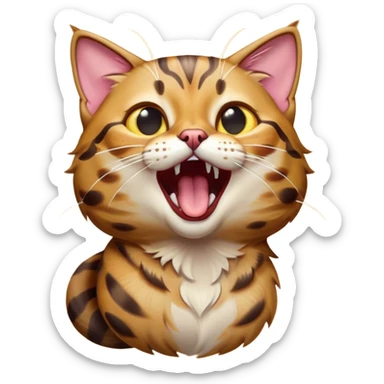 Cinematic Comical Bengal Cat Portrait Emoji, Head tilted dramatically while yawning exaggeratedly, sleek spotted brown and gold fur, Simplified yet hilariously adorable features, highly detailed, glowing with an almost sarcastic glow, high shine, a mix of lazy and curious, stylized with a touch of playful whimsy, bright and alert but with a comical expression, soft glowing outline, capturing the essence of a mischievous yet overly dramatic kitten, so meme-worthy it feels like it could leap off the screen and sarcastically demand attention, perfect for the internet's next viral meme! sticker