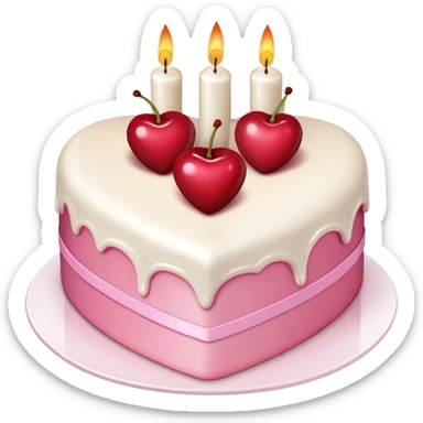 White and pink layered heart shaped cake mini cherries on top and 3 candles coquette sticker