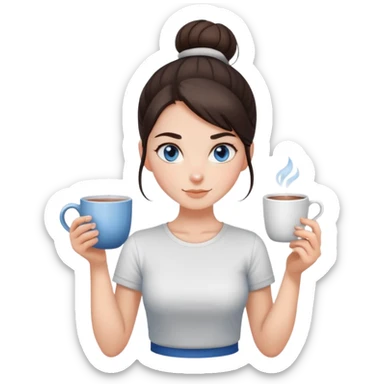 With her dark brown hair pulled back in a bun, and captivating grey-blue eyes, the girl holds a mug of tea, the steam rising like a gentle promise of warmth, clad in a simple white t-shirt.  sticker