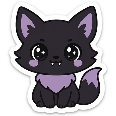kawaii style gothic fox, adorable face, black and purple fur, sparkling eyes, tiny fangs, sweet and spooky sticker