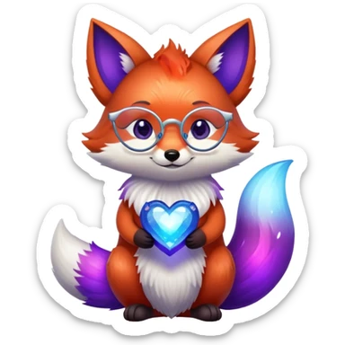 small magical fox with shimmering purple and blue fur, glowing fluffy tail, silver star on forehead, round glasses, tiny lantern, hugging a big red heart sticker