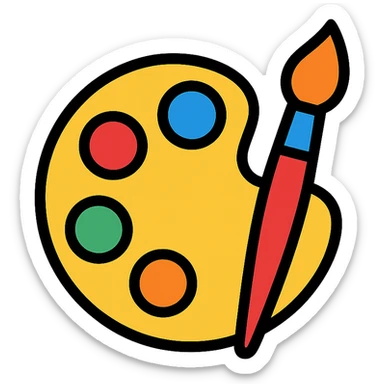 a color palette with paintbrush, representing creativity and design, colorful lineal icon with black outlines sticker